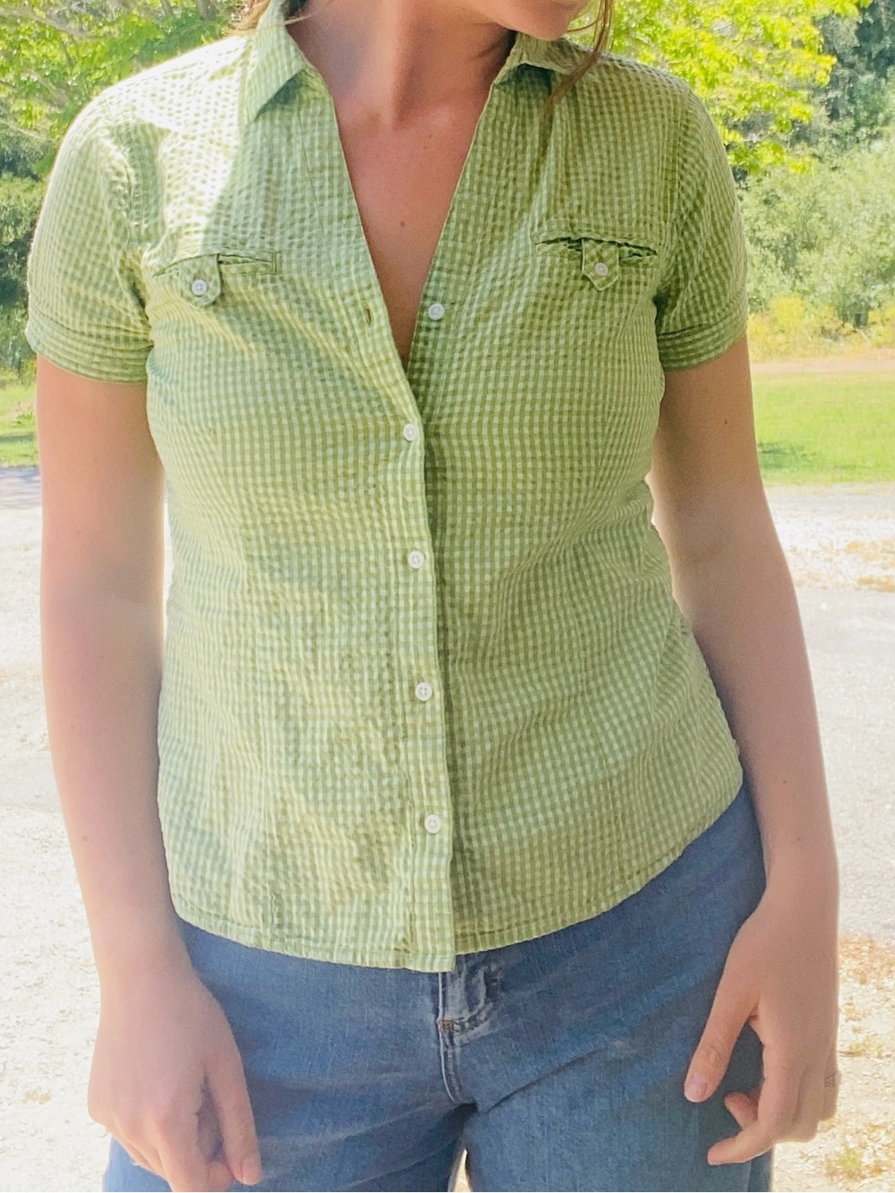 Eddie Bauer Western 100% Cotton Green Gingham Short-Sleeve Button-Down Shirt